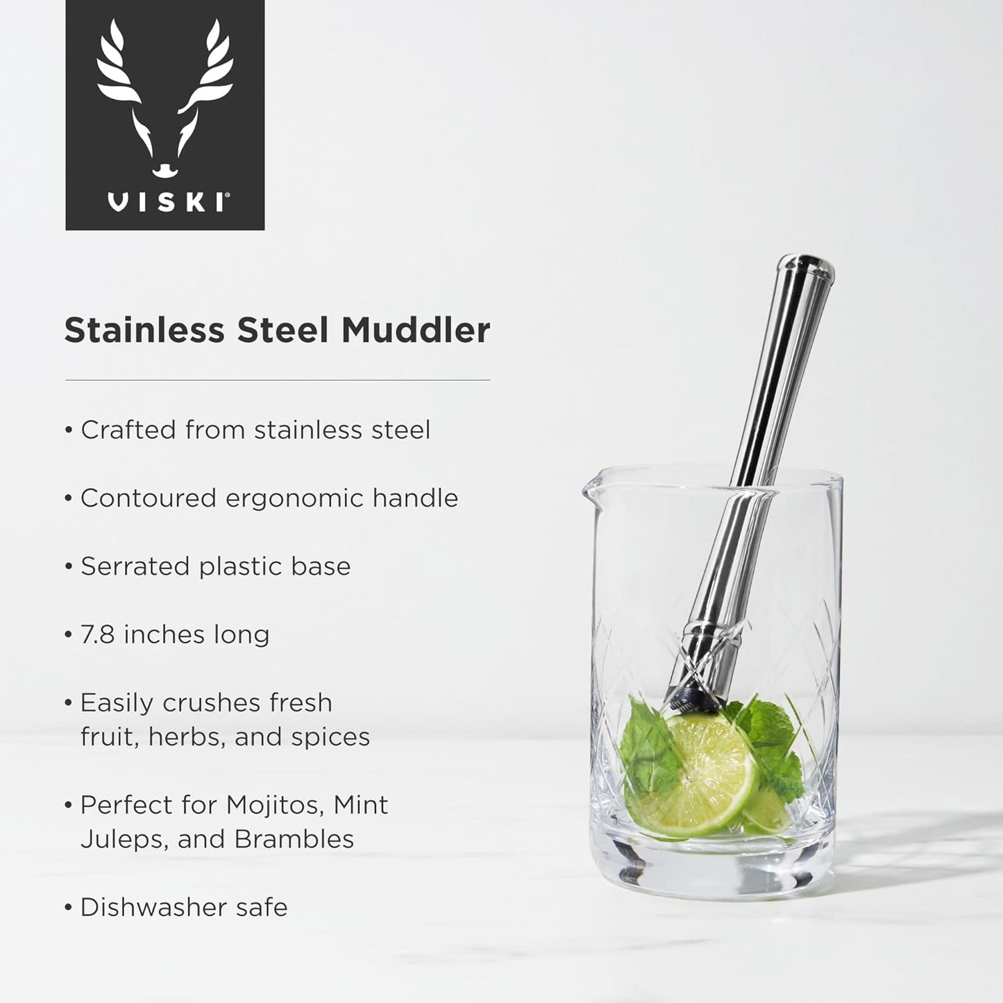 Viski Stainless Steel Muddler, Essential Bar Tools & Accessories, Craft Cocktail Accessories, 7.8″