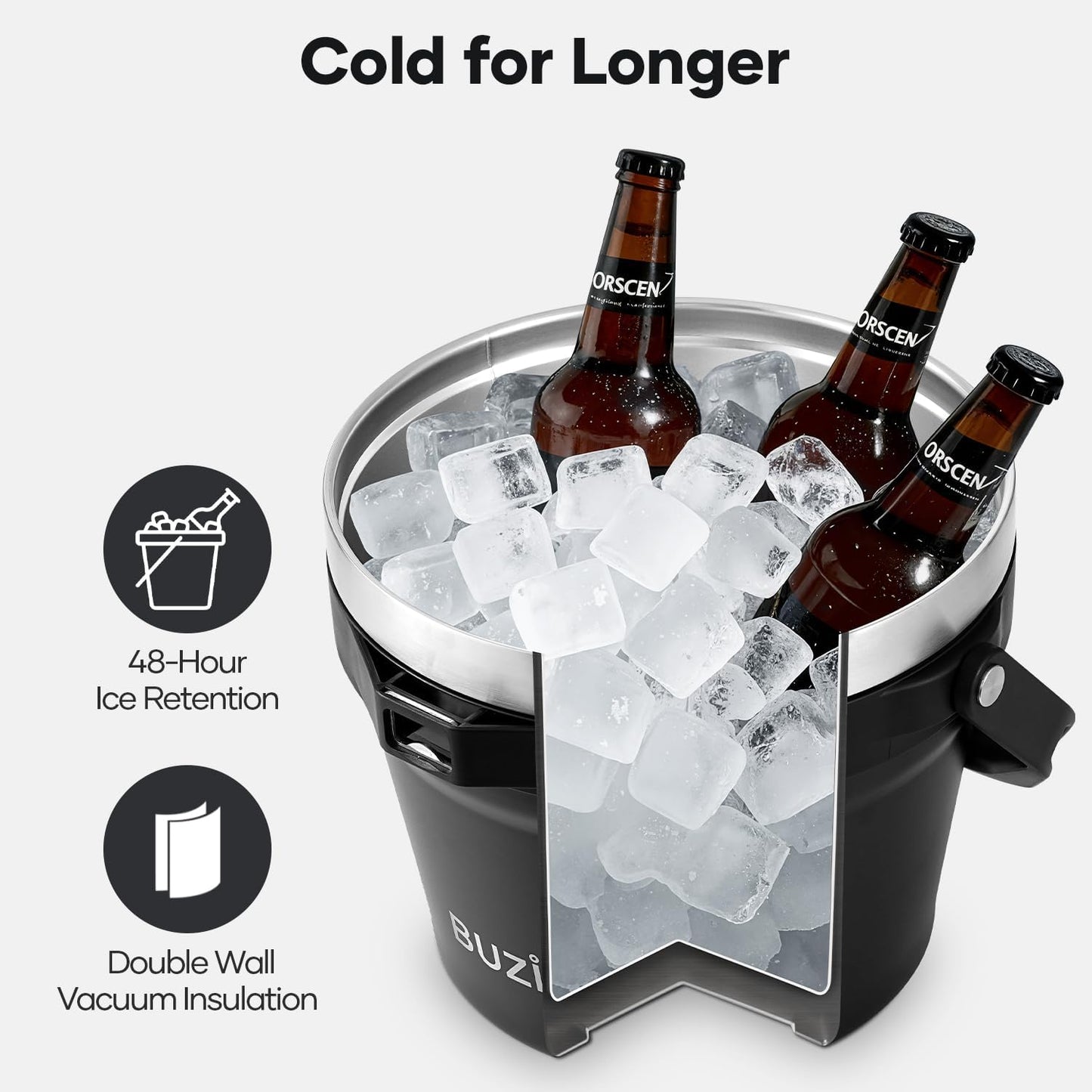 BUZIO 7.4 Qt/7 L Insulated Ice Bucket with Lid and Scoop & Tongs for Parties, Double Wall Vacuum Stainless Steel, Holds 6 Longnecks or 3 Wine Bottles, Large Beverage Bucket for Cocktail Bar, Black