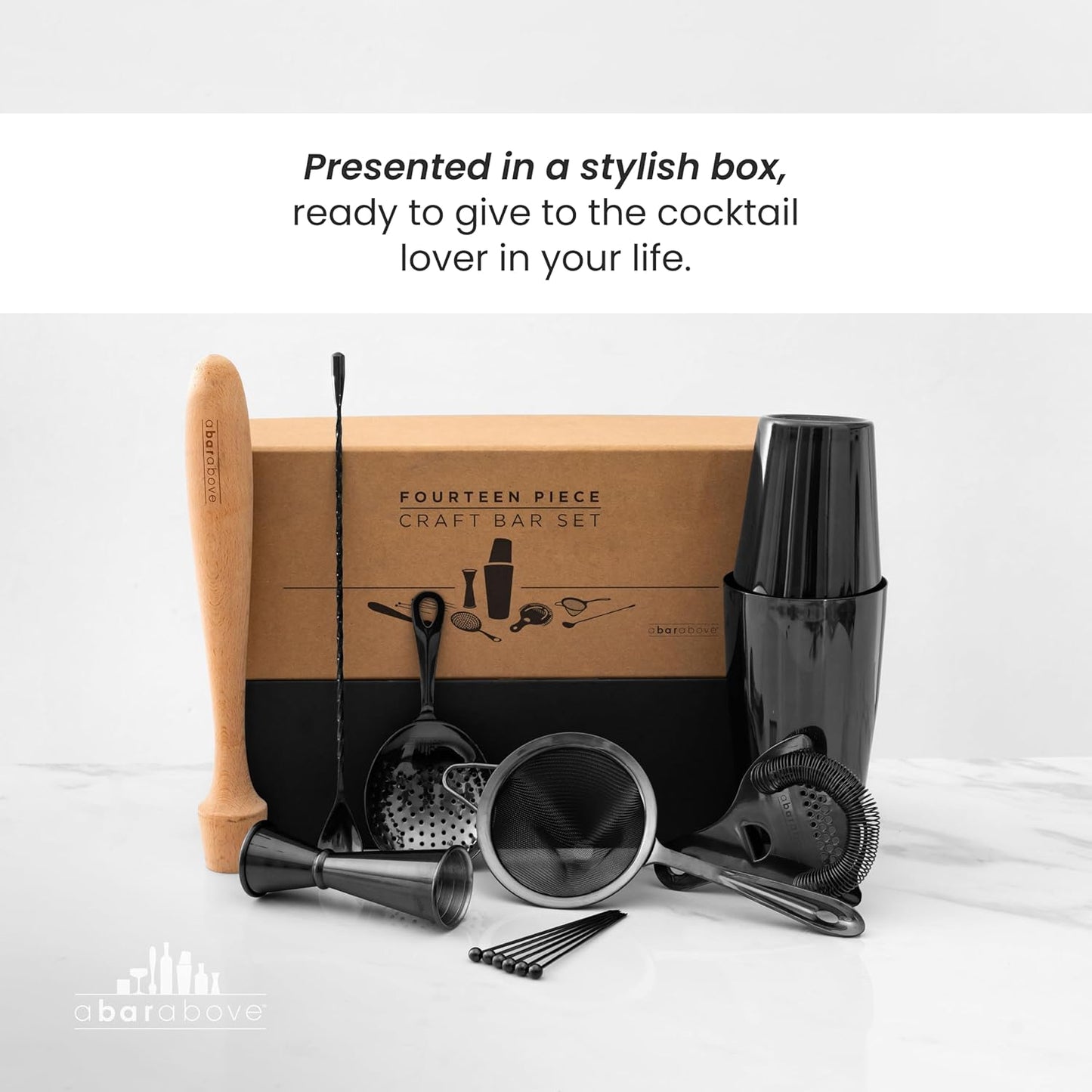 A Bar Above 14-Piece Antique Copper Bartender Kit, Premium Stainless Steel Barware Gift Set for Home Bar, Includes Shaker, Jigger, Strainers, Spoon, Picks, Professional Mixology Tools