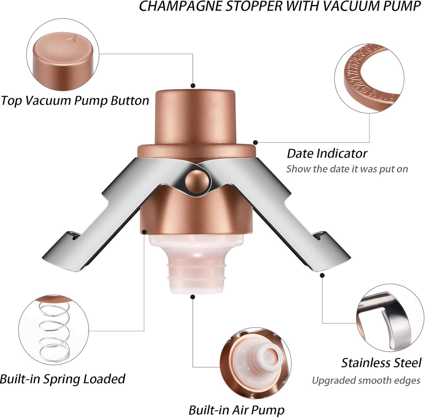 HYZ 3-Pack Champagne Stoppers Wine Saver, Sparkling Wine Vaccum Stoppers with Built-in Pump for Champagne, Prosecco and Cava - Stainless Steel + ABS Champagne Bottle Stoppers, Rose Gold/Gold/Silver