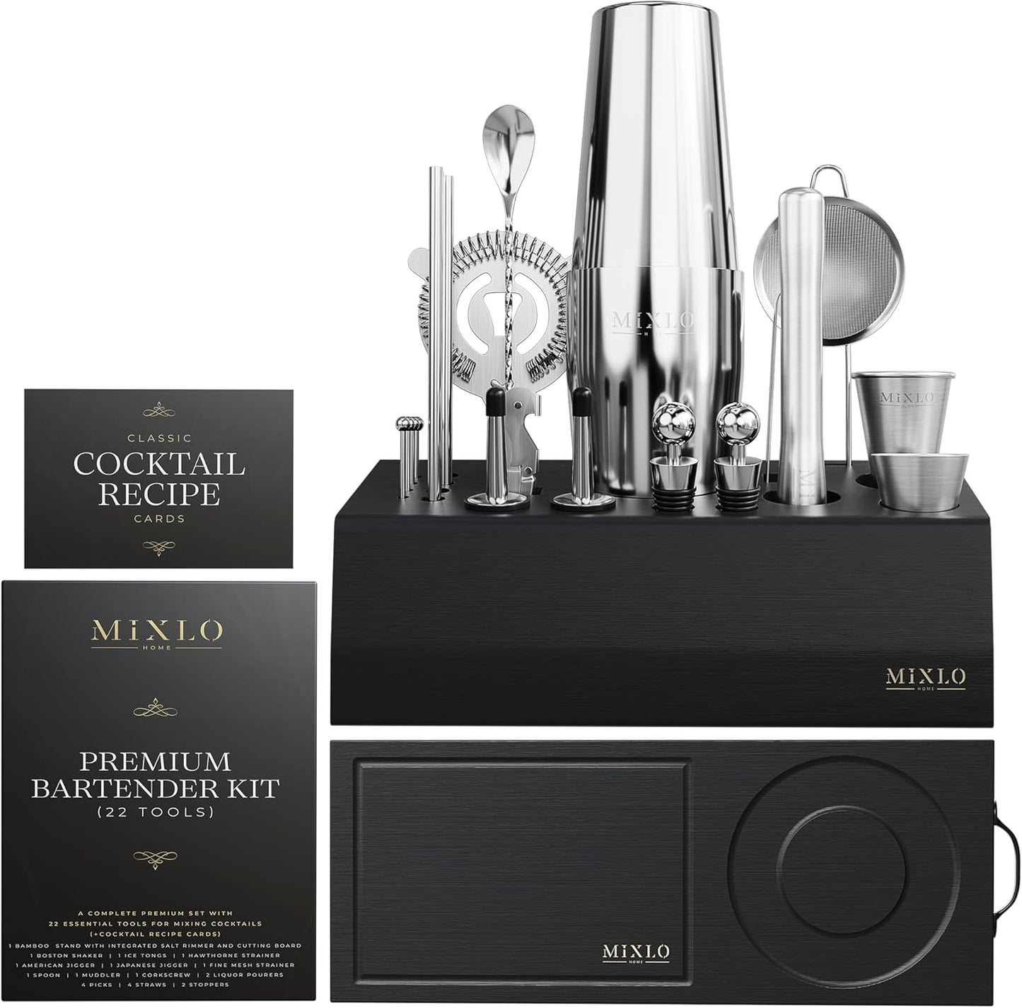 Mixology Bartender Kit - 22Pcs Bar Set Cocktail Shaker Set w Black Bar Cart Accessories Stand - Shakers Bartending Silver Tools, 24oz Shaker, 17 Recipe Cards, Martini Barware