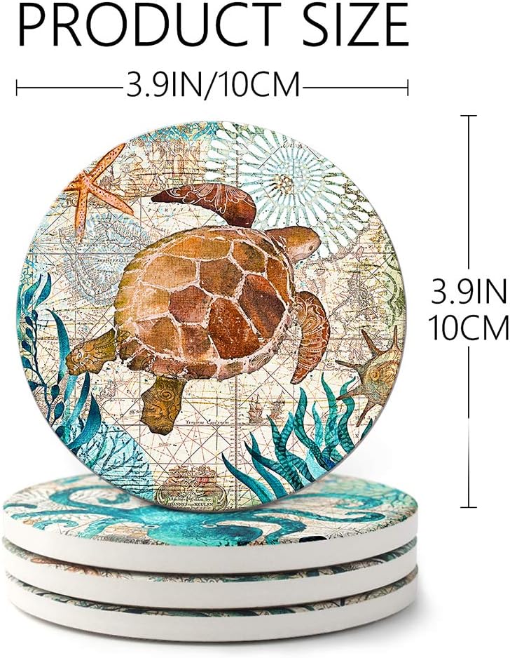 Teivio Absorbing Stone Sea Ocean Life Coasters for Drinks, Cork Base with Holder,Coastal Decor Beach Theme Tropical,for Housewarming Apartment Kitchen Bar Decor, For Wooden Table Coffee table,Set of 8
