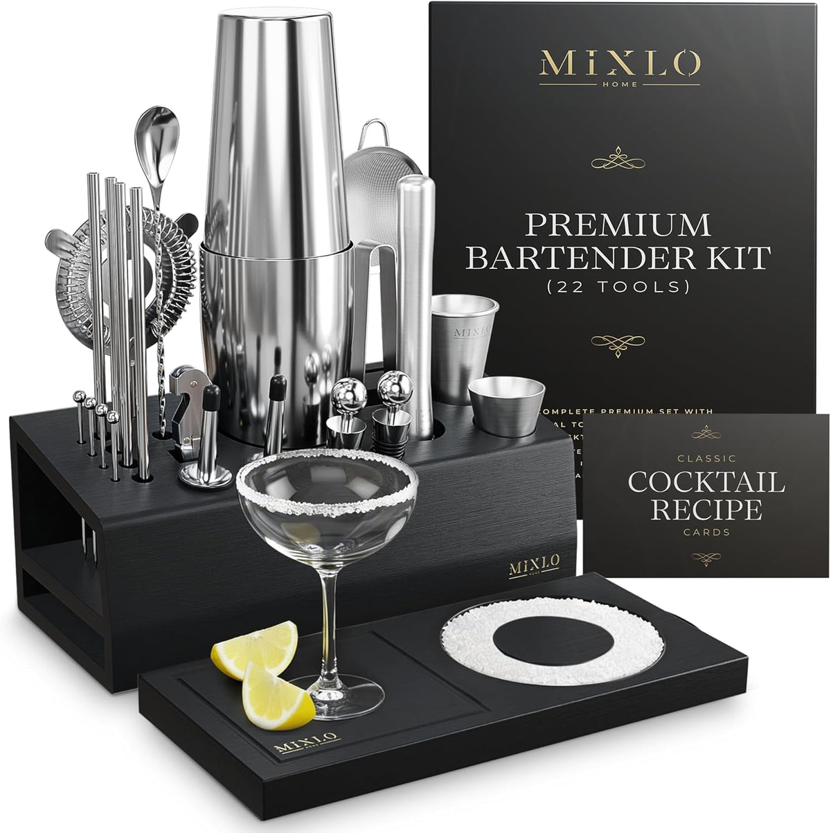 Mixology Bartender Kit -15Pcs Bar Set Cocktail Shaker Set w Black Bar Cart Accessories Stand - Shakers Bartending Silver Tools, 24oz Shaker, 17 Recipe Cards, Martini Barware - 22 Tools - Silver