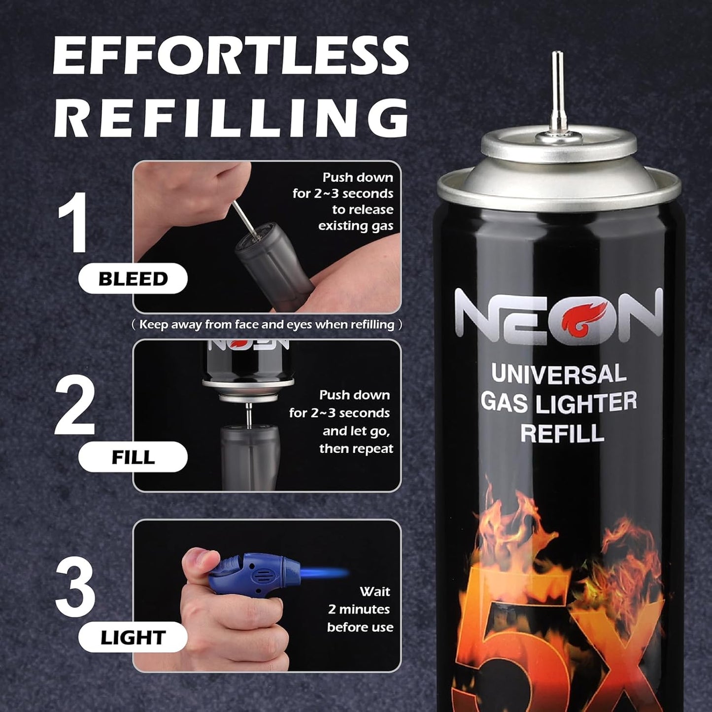 NEON Butane Fuel 300ml, 5X Premium Refined Butane Refill for Torch Lighter, 0 Impurities Lighter Fluid with Metal Nozzle & 5 Butane Gas Refill Adapters for Culinary, Welding, and DIY (2 Cans)