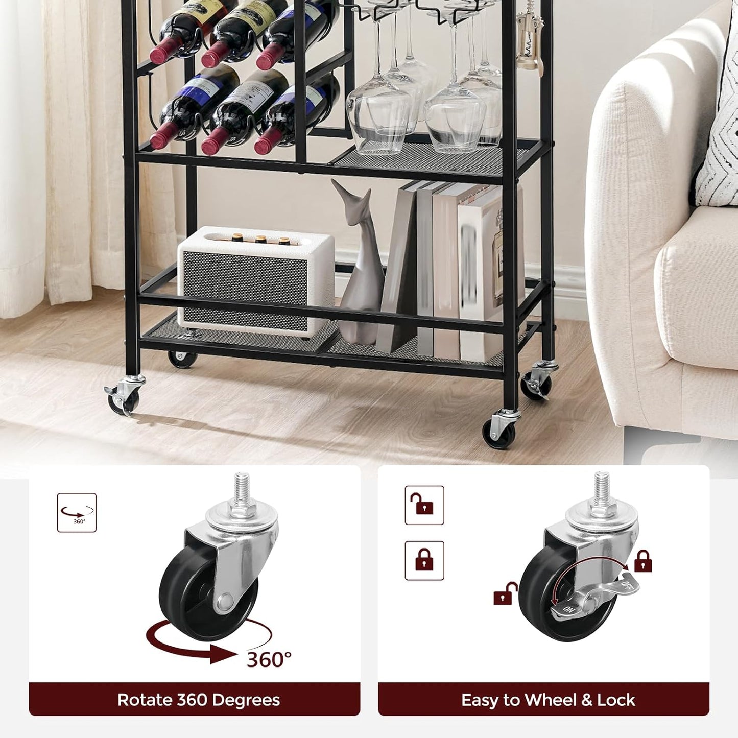MAHANCRIS Bar Cart for Home, 3-Tier Serving Cart with Wheels and Handle, Beverage Cart with Wine Rack and Glass Holders, Rolling Wine Cart for Kitchen, Dining Room, Marble and Black RCHM6101