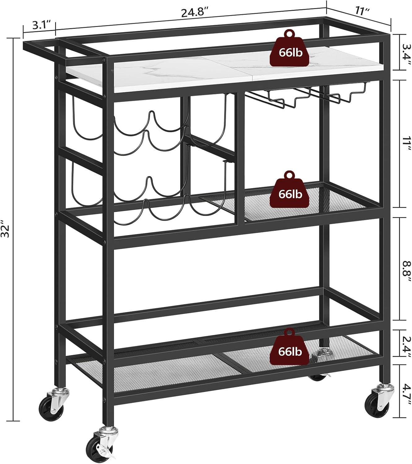 MAHANCRIS Bar Cart for Home, 3-Tier Serving Cart with Wheels and Handle, Beverage Cart with Wine Rack and Glass Holders, Rolling Wine Cart for Kitchen, Dining Room, Marble and Black RCHM6101