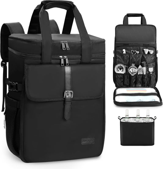 Bartender Bag, Leakproof Travel Bartender Kit Backpack for Carrying Bar Kit, Portable Bar Bag for Cocktail Shaker and 6 Wine Bottle, Professional Mixology Gift for Travel Home Party (Backpack Only)