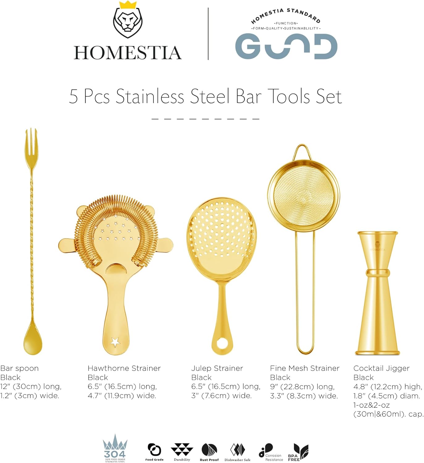 Homestia Cocktail Strainer Set, 5 Piece Gold Stainless Steel Bar Tools - Hawthorne Julep Strainer, Fine Mesh Strainer, Jigger and Spoon for Bartender Professional Drink Mixing Kit