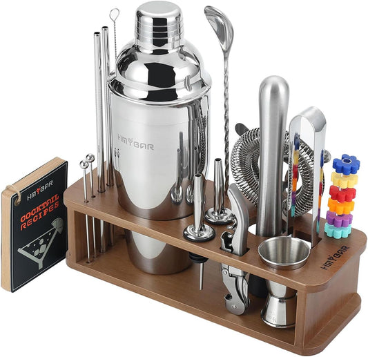 HMYBAR® 22-Piece Cocktail Shaker Set, Mixology Bartender Kit with 24oz Cobbler Shaker, Home Bar Tool Set with Brown Bamboo Stand, 39 Recipe Cards, Glass Markers, Gift for Men & Dad - Brown