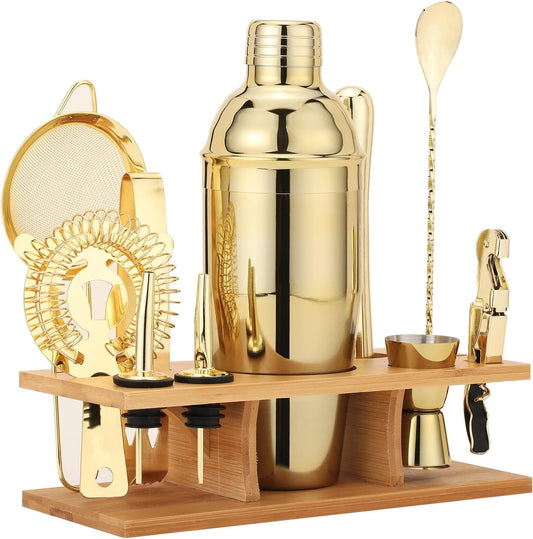 JNWINOG Shakers Bartending, 11Pcs-Cocktail Shaker Set Gold Drink Mixer with 25oz Martini Shaker,Muddler,Bar Spoon and More Professional for Home and Bartender.(Gold) - Martini-Gold