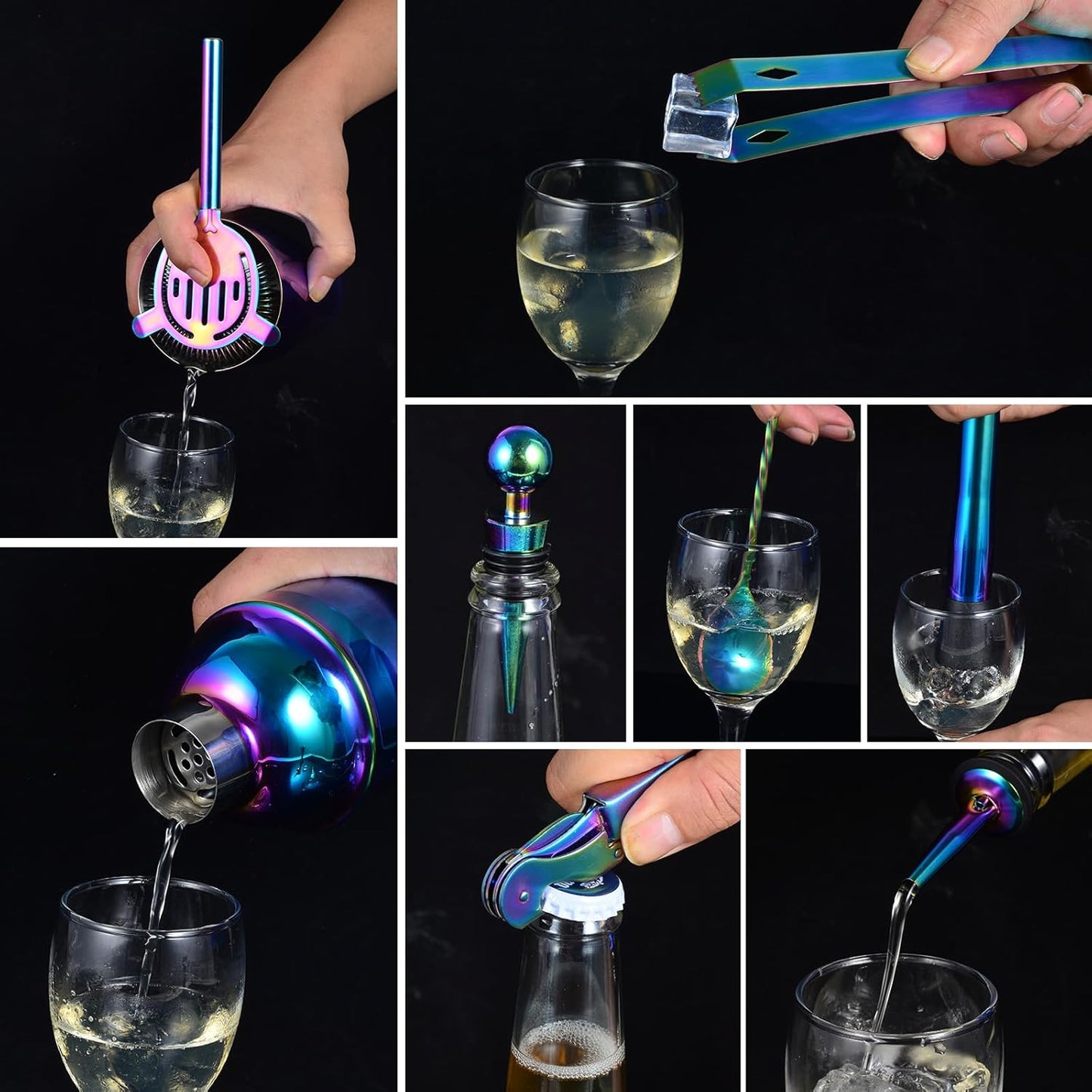 Safring Bartender Kit with Stand, 12-Piece Bar Set | 24oz Cocktail Shaker Set for Drink Mixing, Martini Shaker Set with Bar Tools, Recipes Booklet | Fun Housewarming Gift (Rainbow)