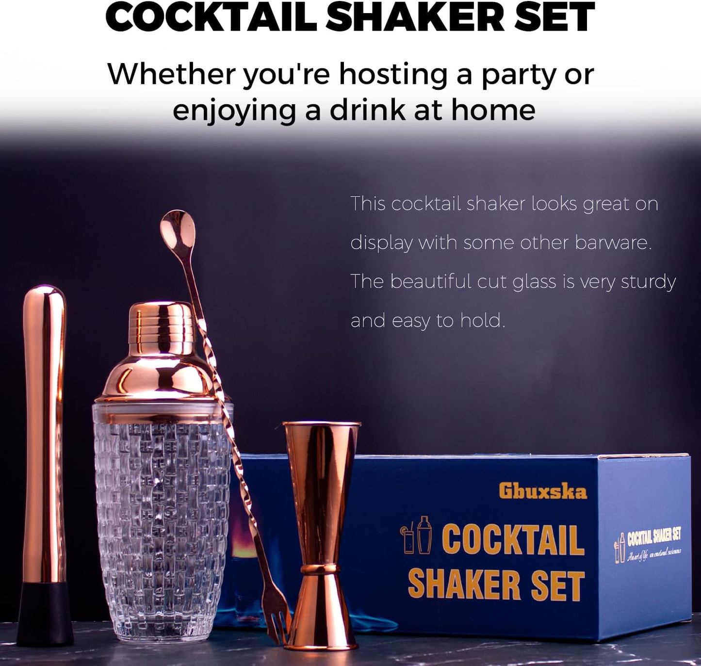 Cocktail Shaker Set - Glass Mixed Drink Shakers Cocktail Set, Martini Shaker with Strainer for Bars, Whiskey, Cocktails (Rose Gold Set)