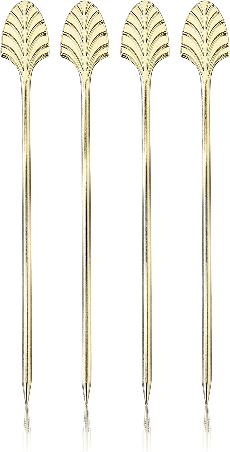Viski Gold Art Deco Cocktail Picks, Stainless Steel Cocktail Picks for Drinks, Garnish Picks, Cocktail Skewers, Barware Accessories, 5in, Set of 4