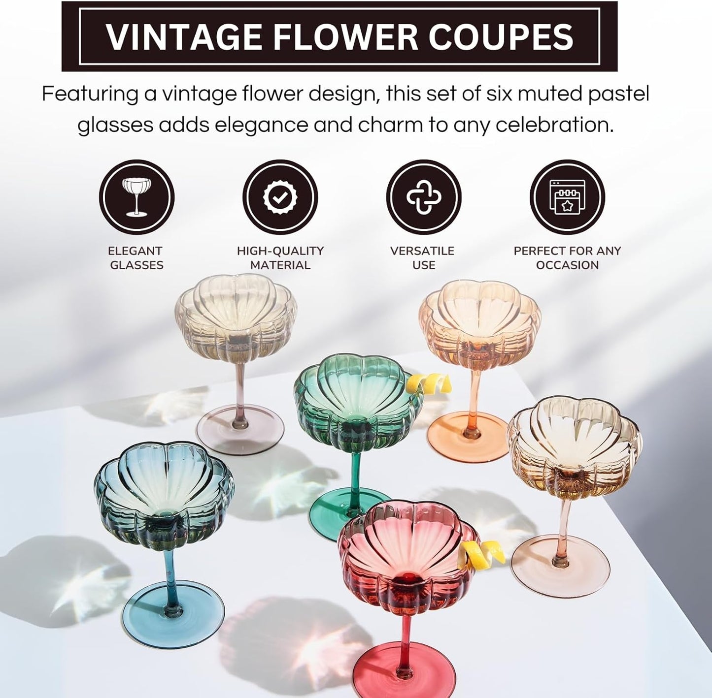 Khen Flower Modern Wavy Glass Coupes Martini, Champagne & Cocktail Coupes - Set of 6-7.7 oz Colorful Cocktail Glasses & Champagne, Prosecco, Mimosa Glassware Copyright Design - Muted Pastel Colors