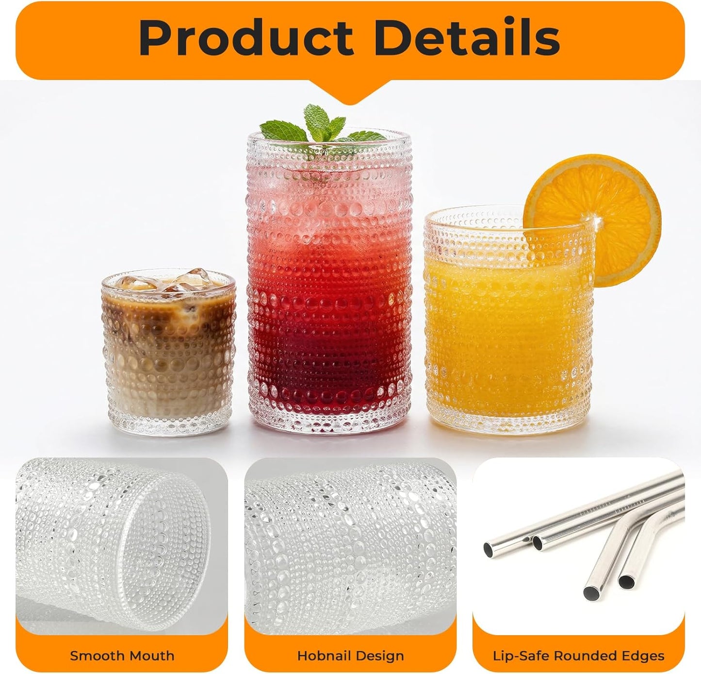 CycleMore Set of 12 Vintage Hobnail Drinking Glasses, 12oz + 10oz + 4oz Clear Glass Cups, Mixed Sizes Kitchen Water Glasses Cup, Bar Tumbler Glassware for Juice, Cocktail, Whiskey, Smoothie, Espresso