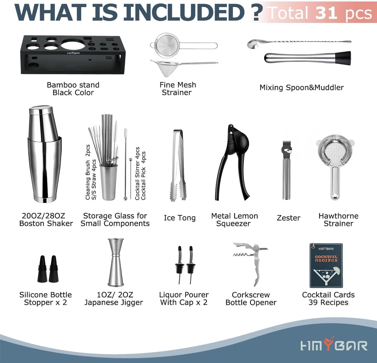 HMYBAR® Bartender Kit with Black Bamboo Stand, 31-Piece Cocktail Shaker Set, 20/28 oz Boston Shaker Set for Home Bar, Mixology Bar Tool Set with 39 Recipe Cards
