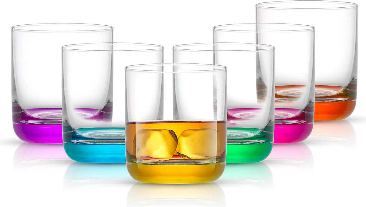 JoyJolt Hue Highball Glasses Set of 6 Tall Drinking Glasses, 13oz Bourbon Whiskey Glass Cups Set, Mojito Glass Tumbler also for Tom Collins Cocktail or Water, Colored Glassware Sets - Whiskey Glasses