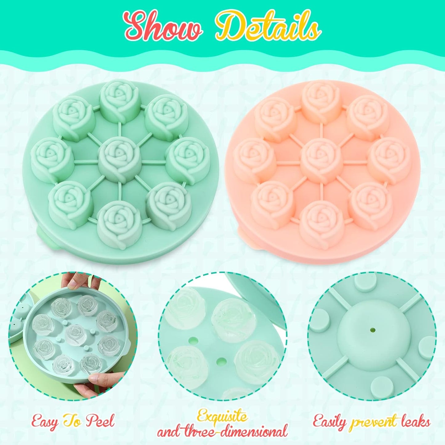 Hsei 2 Pieces 3D Rose Ice Mold 1.4 Inch Silicone Flower Ice Cube Trays Rose Silicone Mold for Freezer Whiskey Wine Cocktails Juice Bourbon Mimosas, Dishwasher Safe, Pink, Green