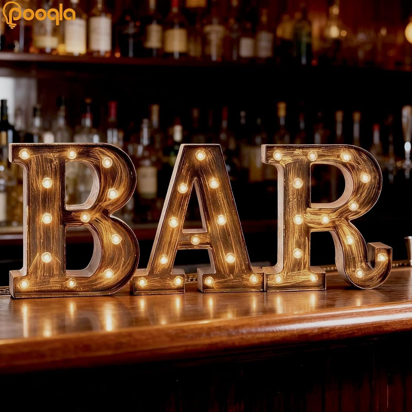 Pooqla BAR - Illuminated Marquee Bar Sign for home decor - Light up LED Marquee Word Sign - Pre-Lit Pub Light Battery Operated (23.03-in x 8.66-in) (Vintage)