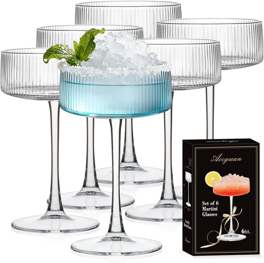 Accguan Ribbed Coupe Glasses, 10 oz Crystal Cocktail Glasses Set of 6, Vintage Martini Glasses for Bar, Cocktail, Margarita, Wine, Champagne & Gift Box