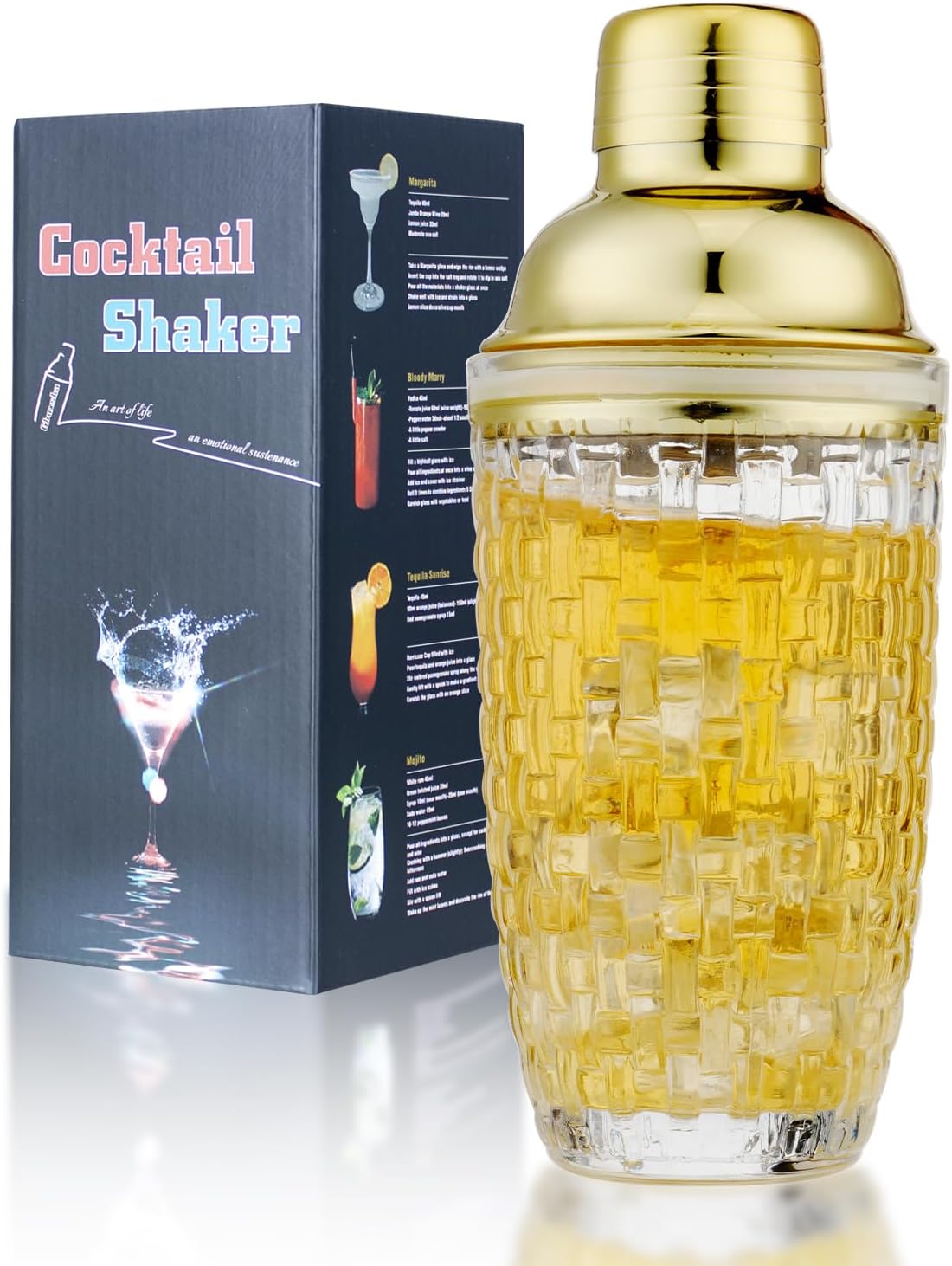 Glass Martini Shaker with Built-in Strainer, 13oz - Gold