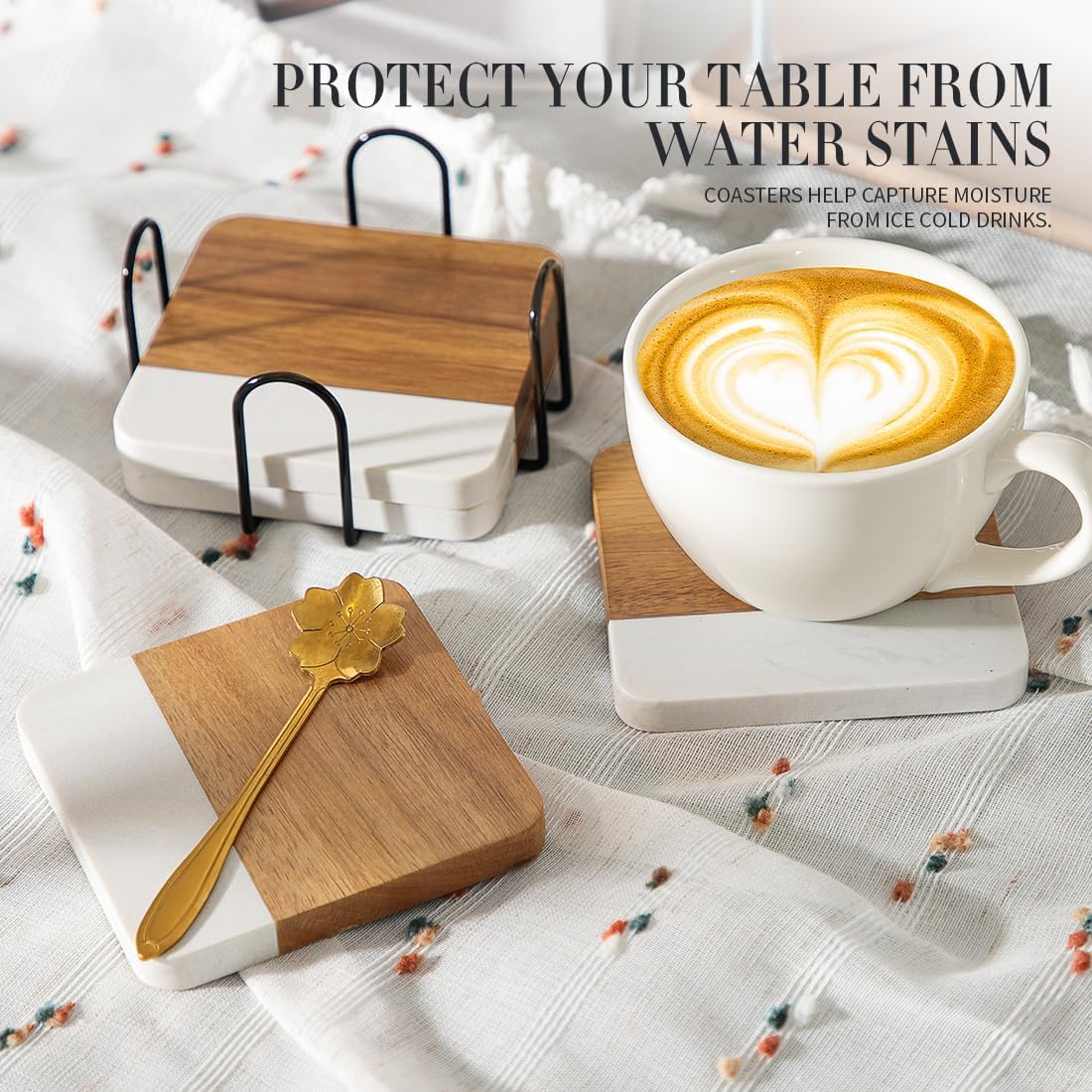 Acacia Wood Marble Coasters for Drinks with Holder Set of 4, Square Non-Slip Wooden Stone Coaster Coffee Table Accessories Manly Coaster for Men Coffee Table, Bar, Office - Rustic Modern Style