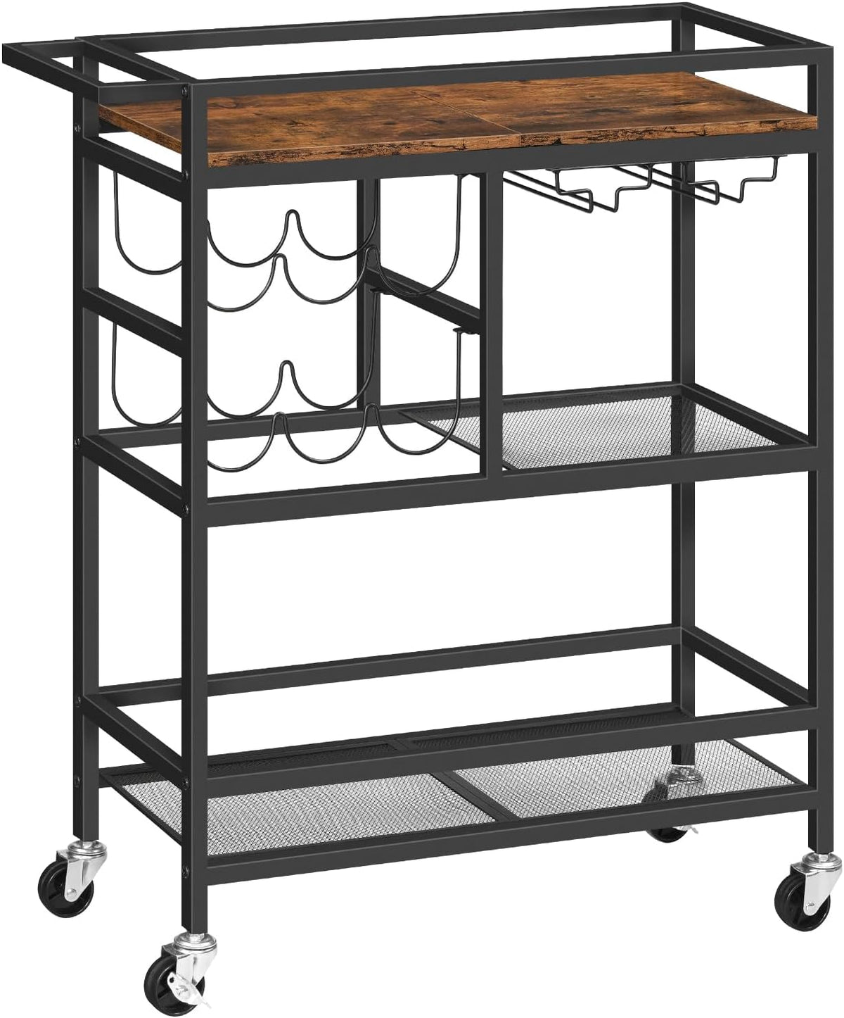 MAHANCRIS Bar Cart for Home, 3-Tier Serving Cart with Wheels and Handle, Beverage Cart with Wine Rack and Glass Holders, Rolling Wine Cart for Kitchen, Dining Room, Rustic Brown RCHR6101 - Rustic Brown and Black
