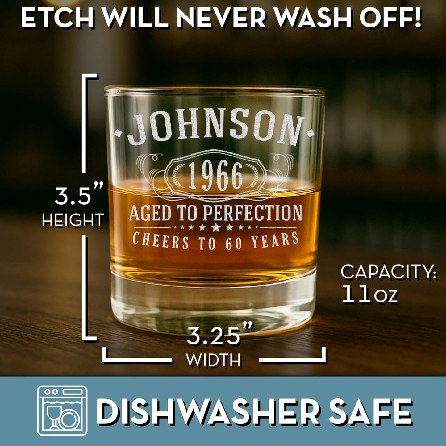 Personalized Vintage 60th Etched Whiskey Glass - Custom 1966 60th Birthday Gifts for Men - Cheers to 60 Years old - 60 Birthday for Men - Scotch Bourbon Dad Women Retirement 1.0