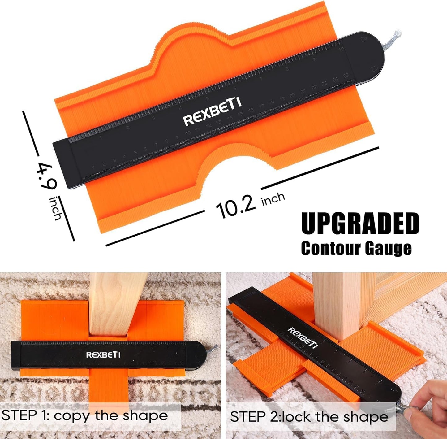 REXBETI 44-Piece Upgraded Laminate Wood Flooring Installation Kit with Solid Tapping Block, Long and Wider Pull Bar, Diameter 1 9/16" Reinforced Double-Faced Mallet, 10" Contour Gauge and 40 Spacers
