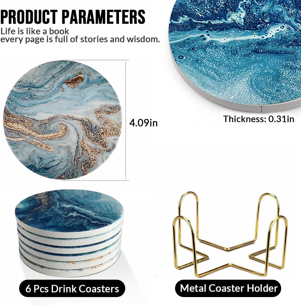 Ceramic Coasters Set of 6, Marble-Textured Design with Holder - Absorbent Cork-Backed Coasters for Cups, Bar & Coffee Table Decor Accessories (Blue Ocean, 6 Pack)