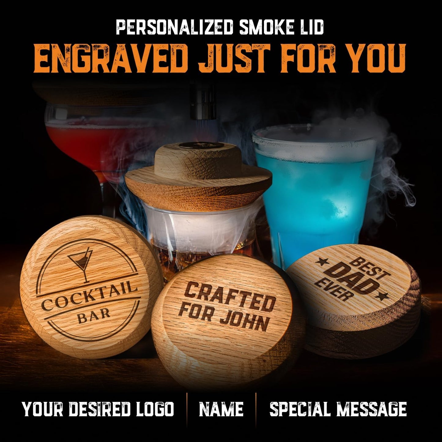 Custom Whiskey Cocktail Smoker Kit with Torch & Wood Chips - Premium Set, USA Oak Smoker - Old Fashioned Cocktail Kit for Whiskey Lovers - Bourbon Gifts for Men - Gift from Wife, Daughter, Son