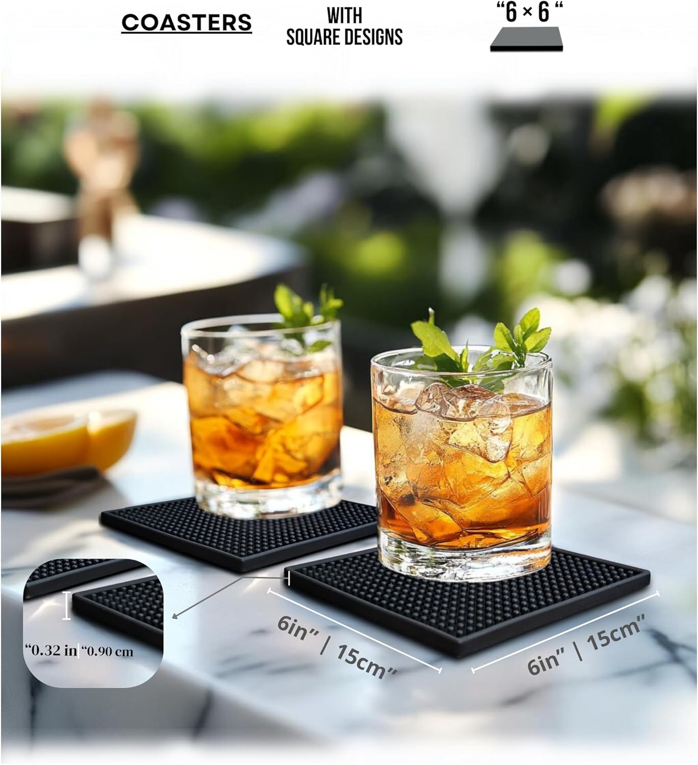 Silicone Coasters Set - 6 Pack - 6 Inch Square Drink Coasters for Coffee Table & Desk - Absorbent & Anti-Slip - Outdoor & Indoor Use
