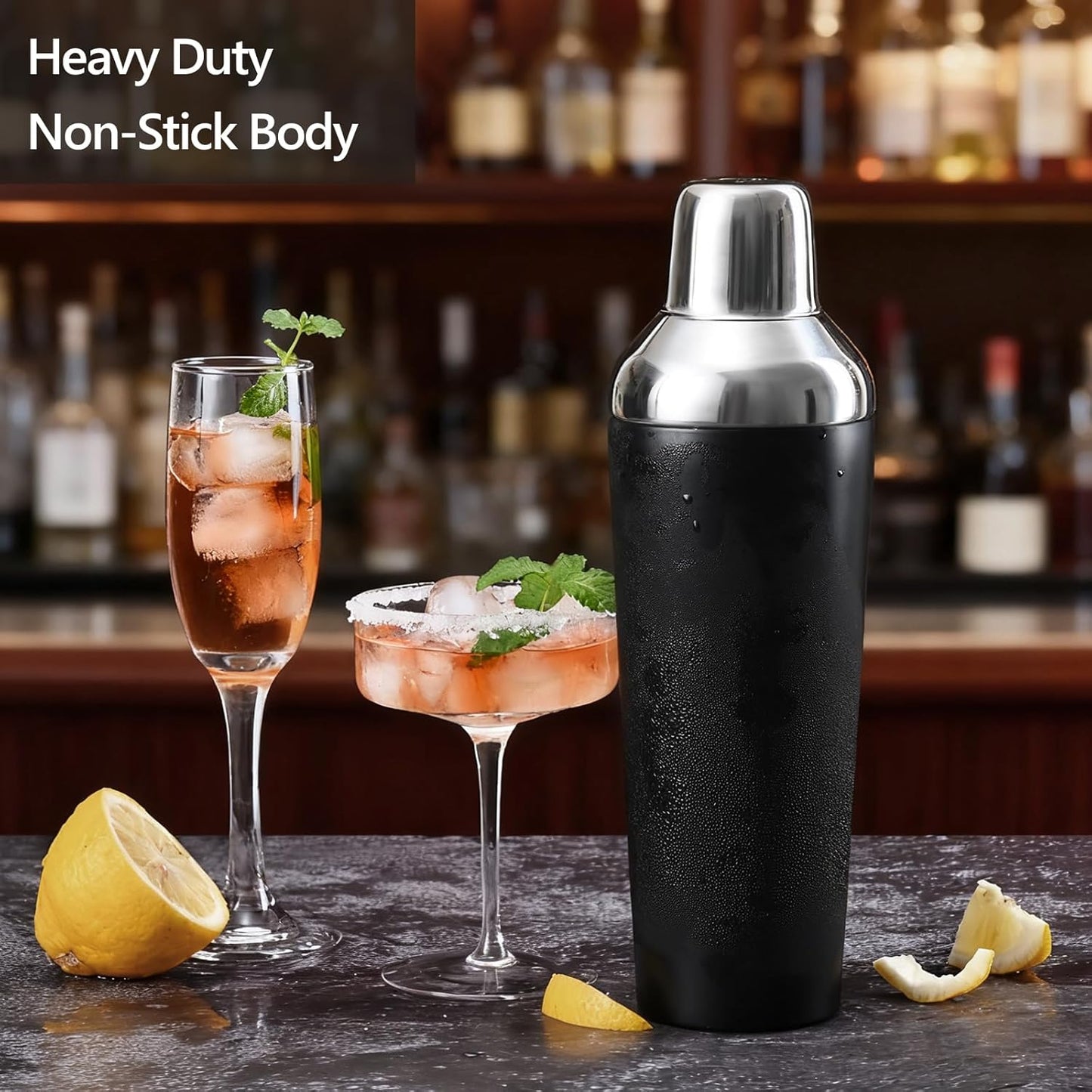 Etens Insulated Cocktail Shaker Black - 23oz Double Wall Vacuum Stainless Steel Martini Shaker with Built-in Strainer & Jigger Lid, Pro Leak-Proof Weighted Shaker for Home Bar, Premium Bar Gift Set