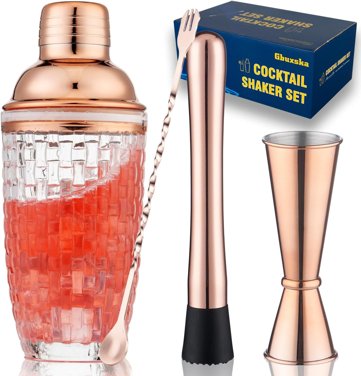 Gold Cocktail Shaker Set with Jigger, Bar Spoon & Muddler - Rose Gold Set