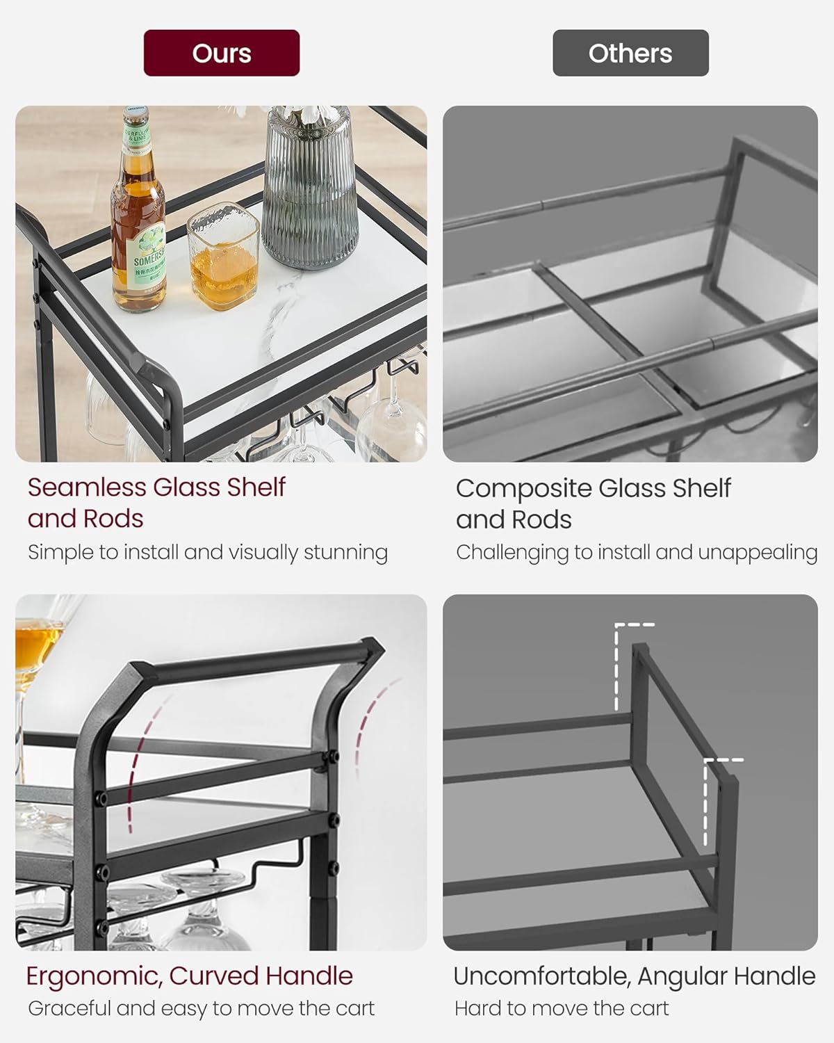 VASAGLE Bar Cart, Home Bar Serving Cart, Small Bar Cart With 3-Tier Shelf, Wine Holders, Glass Holders, Mini Bar Cart for Small Spaces, Kitchen, Dining room, Living Room, Ink Black