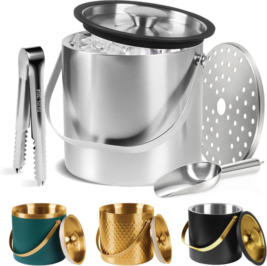 4L Ice Bucket, Ice Bucket with Silicone Sealing Ring Double-wall Vacuum Insulation Champagne Buckets with Filter Layer Ice Tongs Ice Scoop (Silver)
