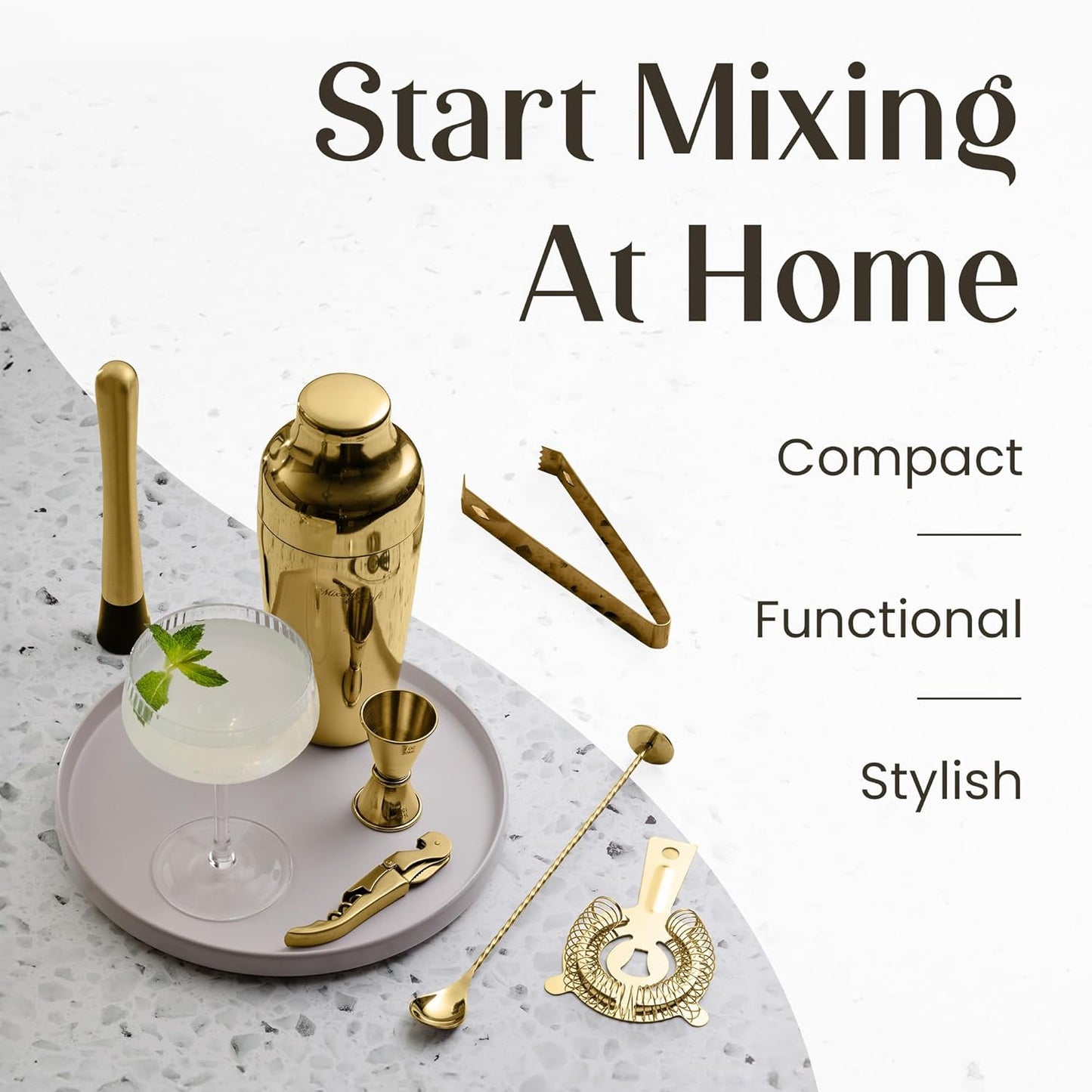 Mixology & Craft Cocktail Shaker Set with Bamboo Stand - Professional 18oz 10-Piece Bartender Kit, Complete Bar Set for Home Use with Jigger, Muddler, Strainer, Spoon, Pourers & Corkscrew (Gold)