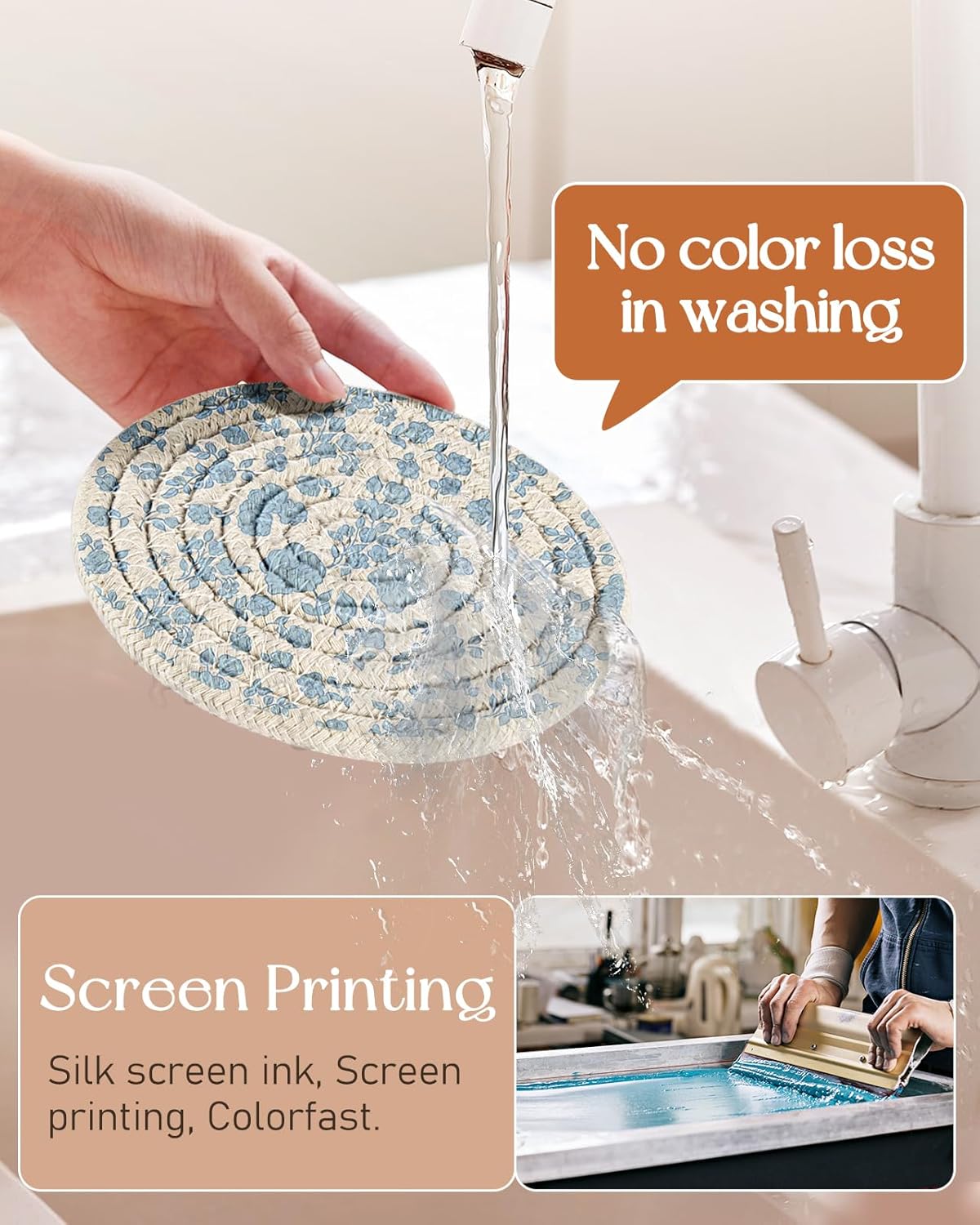 Drink Coasters Set of 6 - Cup Absorbent Coasters for Drinks Coffee Table Home Office Desk Decor Soft Woven Cotton Cloth Braided Fabric Drinking Cup Mat with Holder Cute Blue Flower Floral