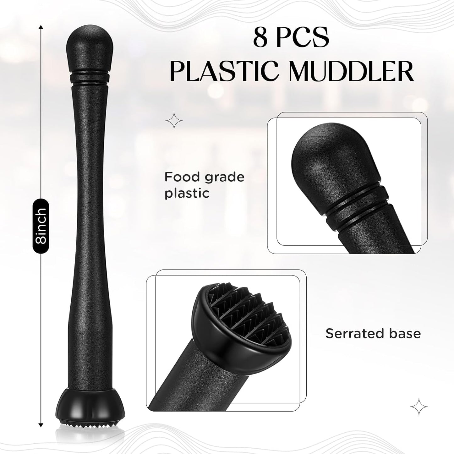 Baderke Muddler for Cocktails Plastic Bar Muddler Bulk 8 Inch Bar Accessories Tools Set for Home Ice Crusher Bartender Accessories Mojito Fruit Drink(Novel,Black,8 Pcs)