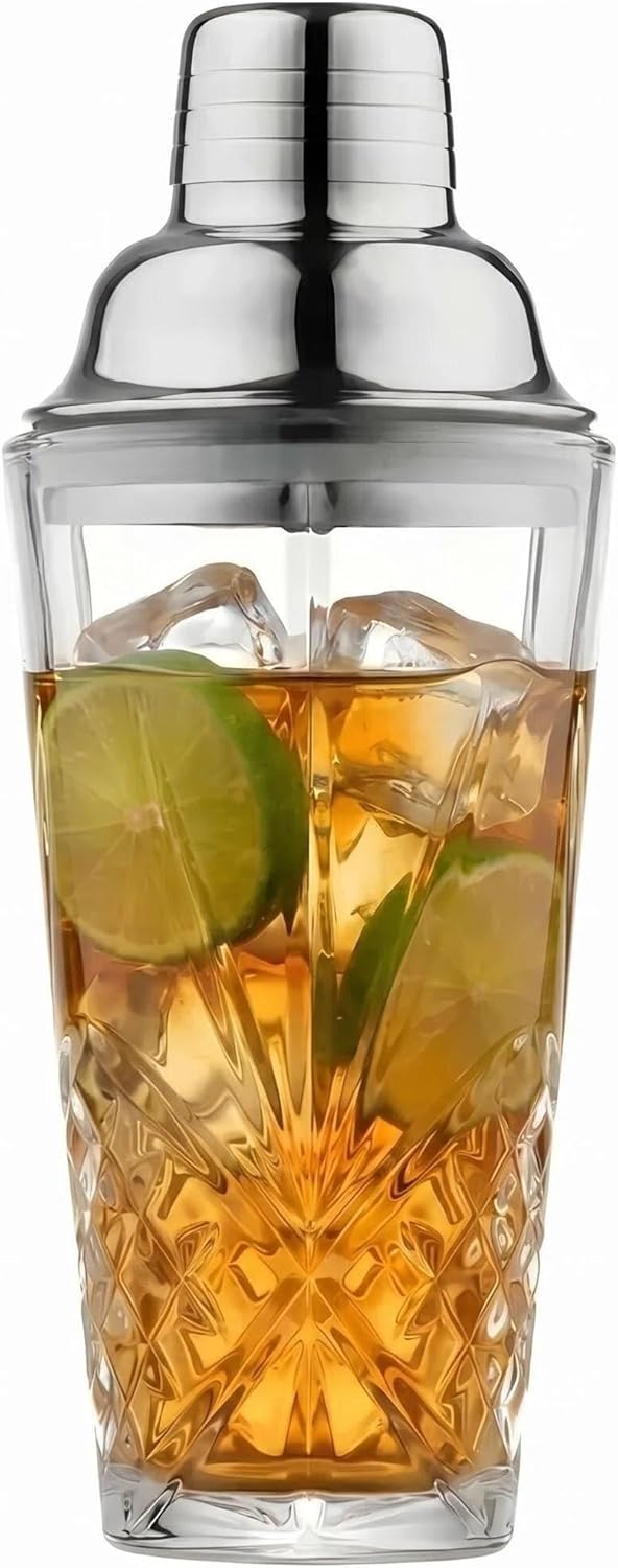 Cut Crystal Cocktail Shaker Set (15oz Lead-Free Crystal Mixer with Stainless Steel Lid & Pour Spout & 4 Recipe Coasters) Premium Bar Tool for Home Bar
