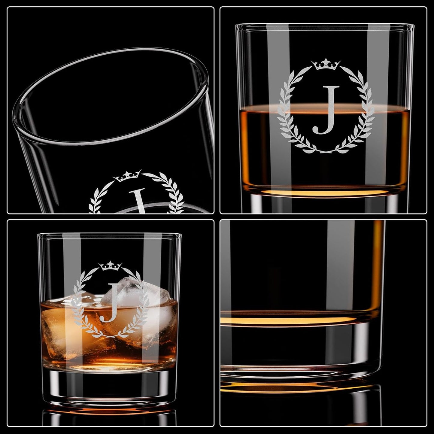 Astonlink Personalized Whiskey Glasses Gifts for Men, Monogrammed Engraved A-Z 10.6 oz Rocks Glass Customized Gift, Unique Christmas Birthday Gifts for Men Him Dad Husband Brother Son (J)