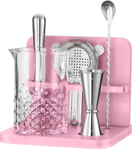 Mixeries Crystal Cocktail Mixing Glass Set with Bamboo Stand - 22 Oz 650ml - Thick and Sturdy Bottom, Durable and Seamless Design with Bar Accessories, Pink
