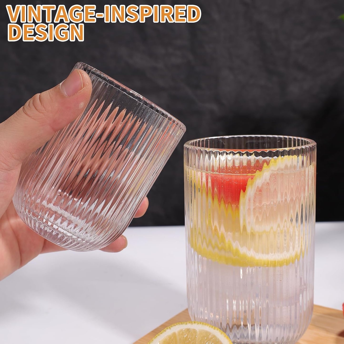 Set of 8 Ribbed Glassware,4 Highball Glasses 14oz & 4 Rocks Drinking Glasses 9oz, Clear, Origami Style, Fluted Design, for Milk, Water, Cocktail, Juice, Beer, ToothBrush Cup, Gift