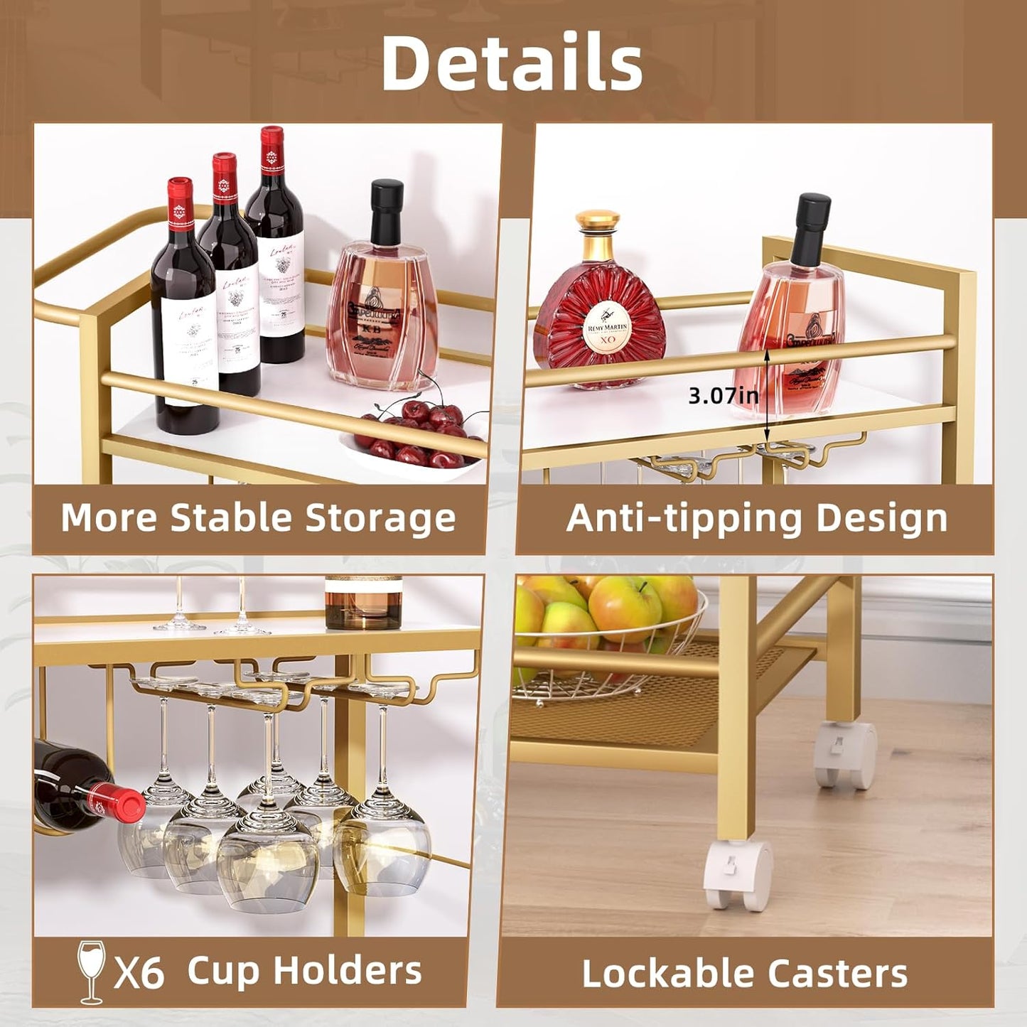 Joaxswe Bar Cart,Home Bar Serving Cart with Storage Shelves, 2 Tier Rolling Beverage Cart with Wheels, Modern Wine Cart with Wine Rack and Glass Holder for Kitchen, Living Room,Dinning Room,Gold