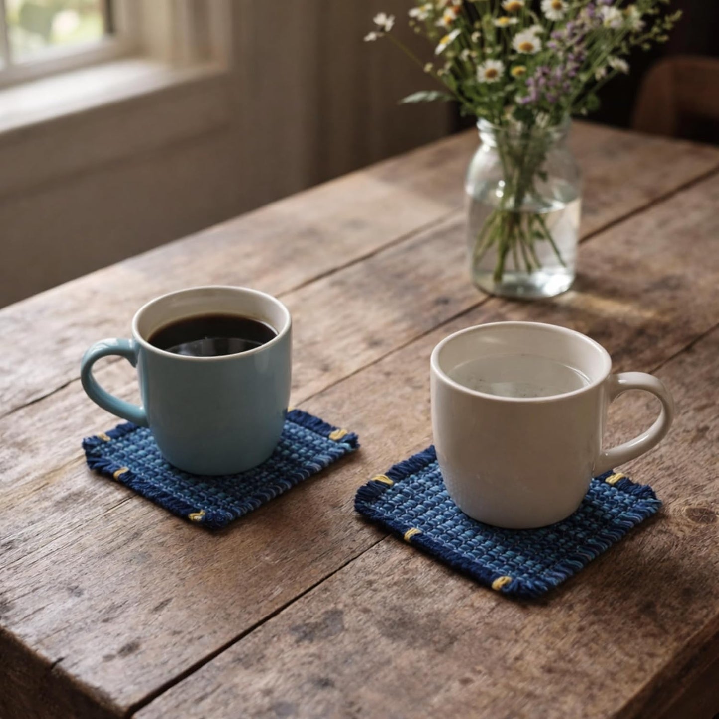 Boho Fabric Coasters for Home Decor Set of 6, Handcrafted Cotton Drink Coasters, Coastal Farmhouse Table Decor for Coffee, Tea & Cocktails, Housewarming Gift