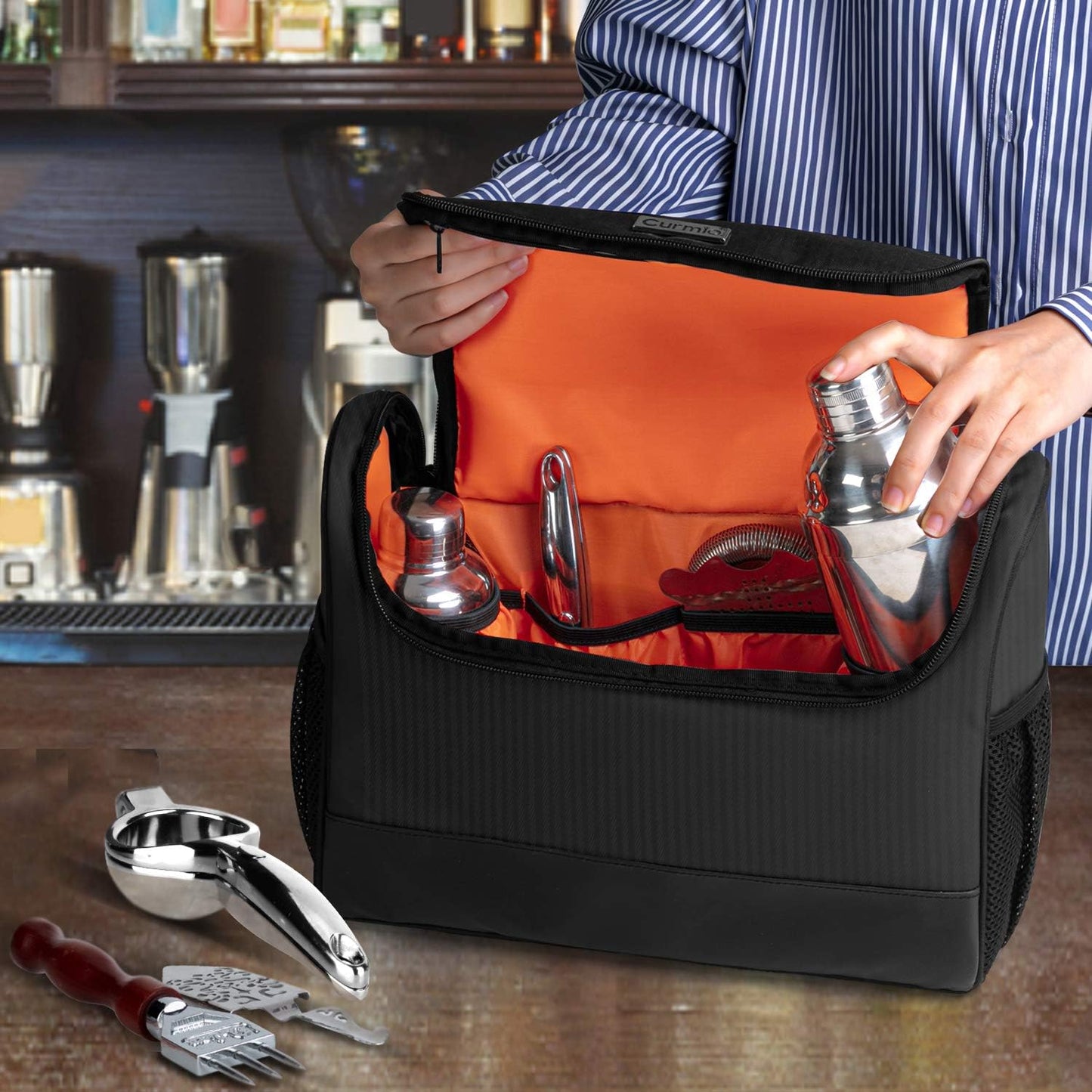 CURMIO Bartender Kit Bag, Portable Travel Carrying Bag with Rubber Handle for Bar Tools Set, For Home Indoor Outdoor Patio Party, Black (Bag ONLY, Patent Pending)