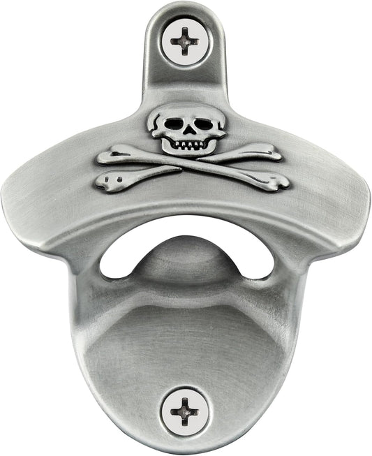 Aged Silver Wall Mount Bottle Opener Pirate, Embossed Skull Screw in Wall Beer Soda Cap Opener Stainless for Gift