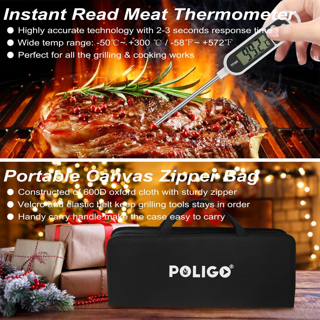 POLIGO 26 PCS BBQ Grill Accessories Stainless Steel BBQ Tools Grilling Tools Set with Storage Bag for Fathers Day Dads Birthday Presents - Camping Grill Utensils Set Ideal Grilling Gifts for Men Black