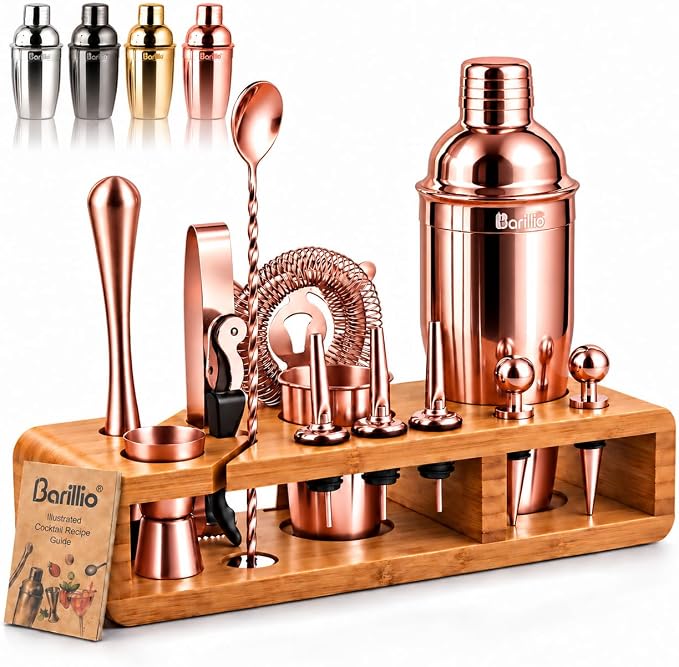 Barillio Bartender Kit - Stainless-Steel Cocktail Shaker Set w/Bamboo Stand - Mixology Bar Tools w/Drink Shaker, Mixer Spoon & Muddler for Cocktails - Home Bar Accessories - 23-Pc Bar Set - Silver - Rose - Bamboo