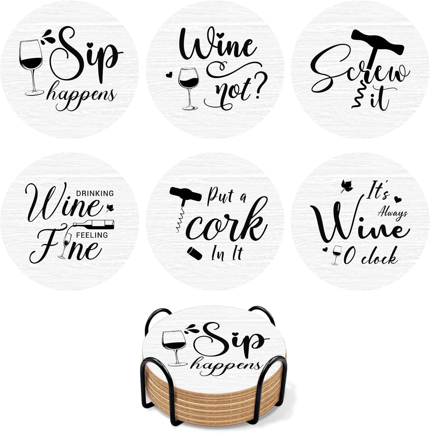 6 PCS Funny Sayings Cork Coasters for Drinks, Funny Wooden Coasters for Drinks with Coaster Holder, Living Room Kitchen Decor, for Wine Lover and Housewarming Present